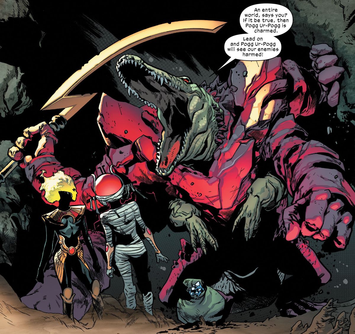 Pogg Ur-Pogg brandishes his sword, Pogg Ur-Pogg, as he declares that he will join the swordbearers of Arakko, in X of Swords: Stasis, Marvel Comics (2020). 