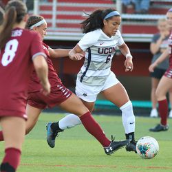 The Colgate Raiders take on the UConn Huskies in a women’s college soccer game at Al Marzook Field in Hartford, CT on September 1, 2019.