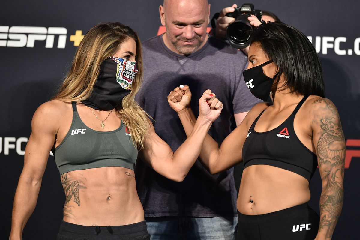 In this handout image provided by UFC, opponents Tecia Torres and Brianna Van Buren face off during the UFC weigh-in at UFC APEX on June 19, 2020 in Las Vegas, Nevada.