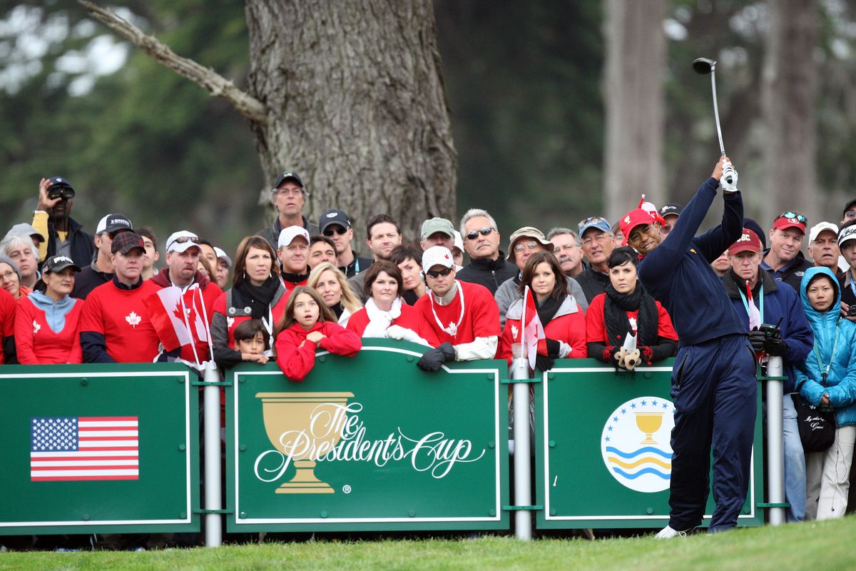Tiger Woods of the USA Team on the 8th hole during the Day Four Singles Matches in The Presidents Cup at Harding Park Golf Course on October 11, 2009 in San Francisco, California.