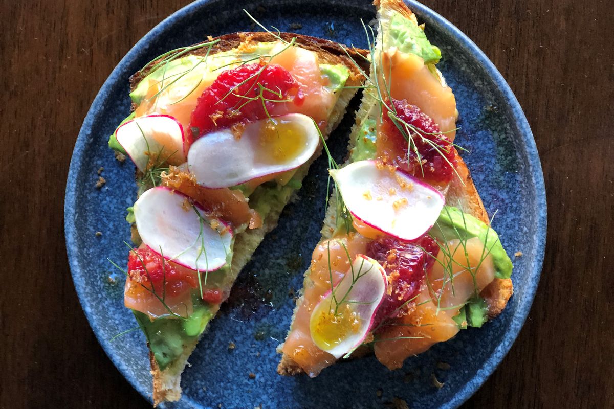 Café Beatrice’s avocado toast with cured salmon, blood orange, and radish