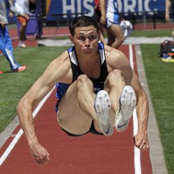 Curtis Beach, from Duke, competes in the decathlon long jump during the NCAA Track and Field Chamionships in Eugene, Ore., Wednesday, June 5, 2013.