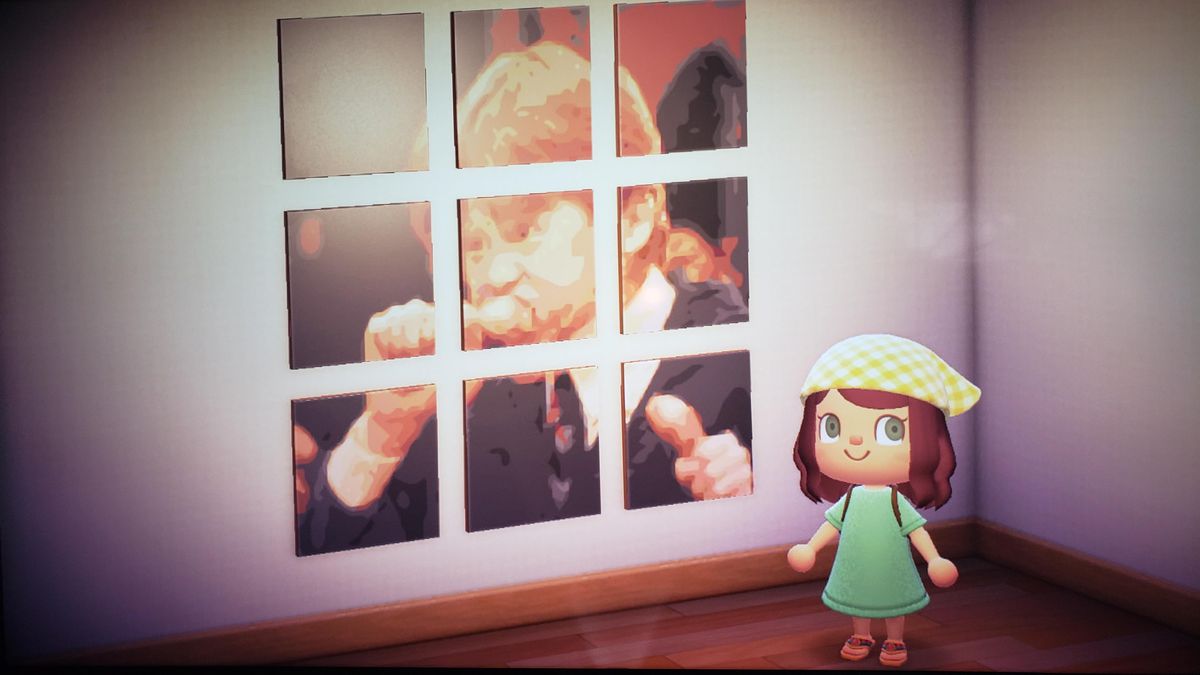 An Animal Crossing character stands in front of several canvases that make up an image of Ron Weasley eating chicken.