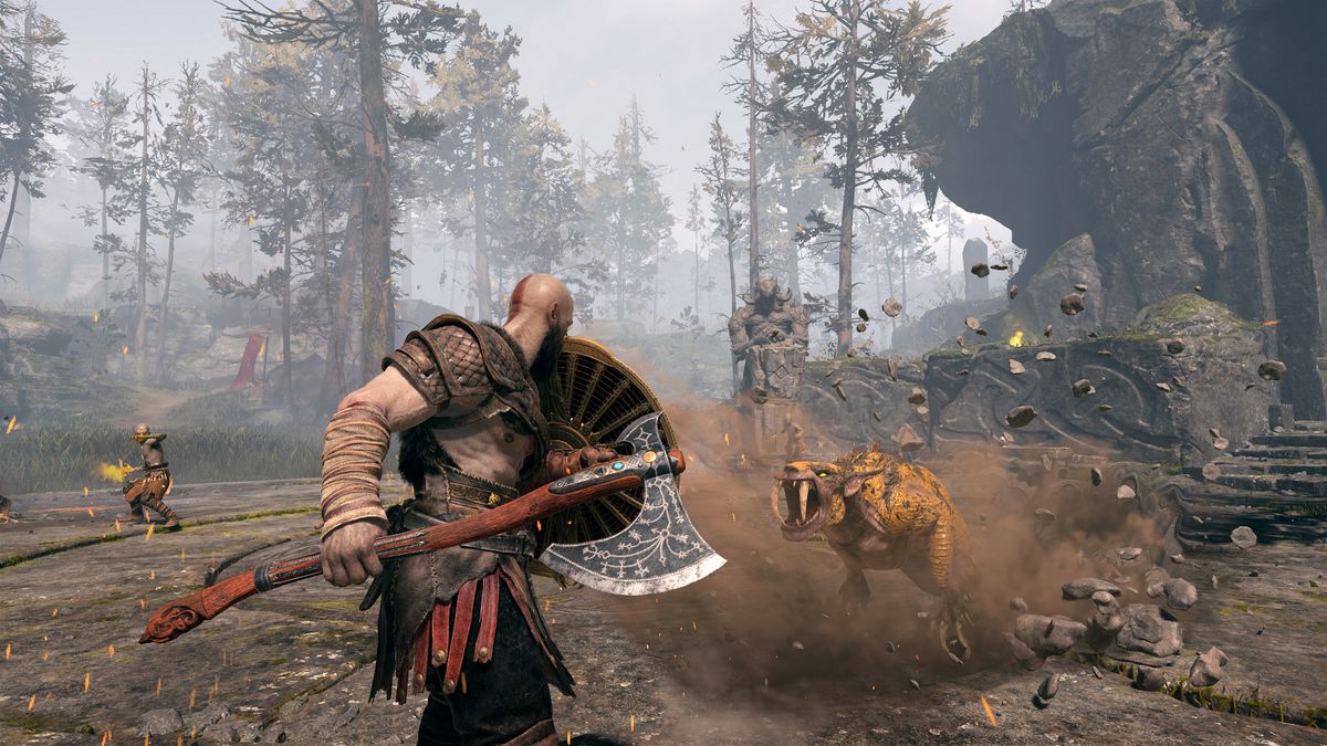God of War - Kratos fighting a tatzelwurm