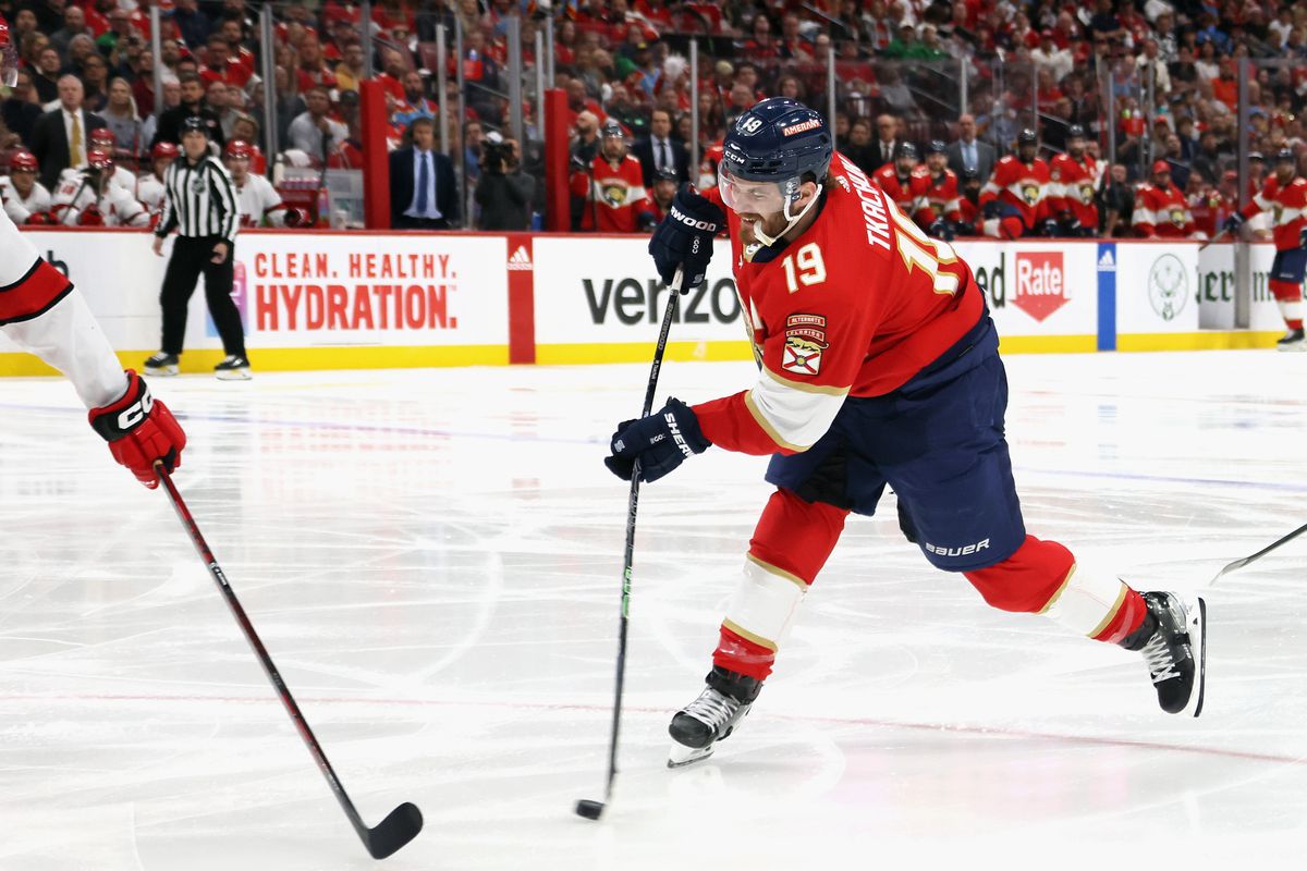 Matthew Tkachuk of the Florida Panthers skates against the Carolina Hurricanes in Game Three of the Eastern Conference Final of the 2023 Stanley Cup Playoffs at FLA Live Arena on May 22, 2023 in Sunrise, Florida.