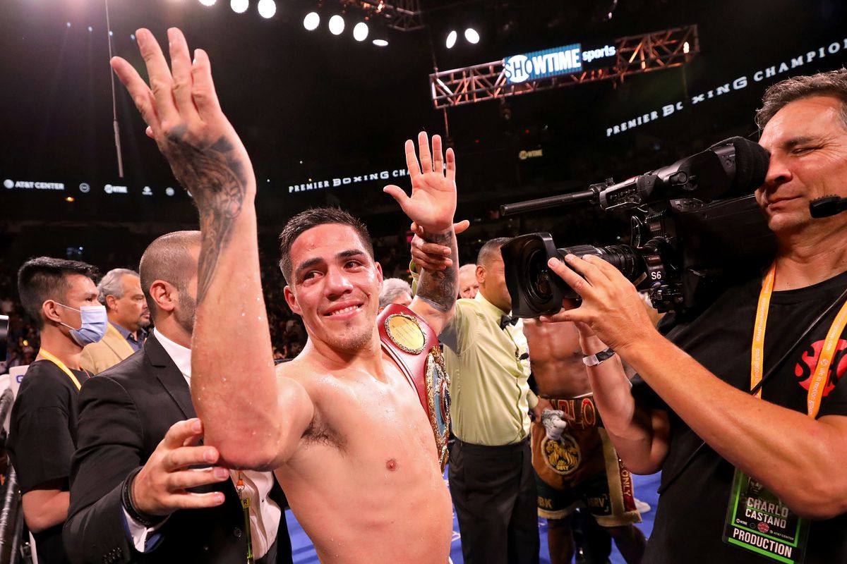 Brian Castano reacts after his Super Welterweight fight against Jermell Charlo at AT&amp;T Center on July 17, 2021 in San Antonio, Texas. The Jermell Charlo and Brian Castano fight ended in a split draw.
