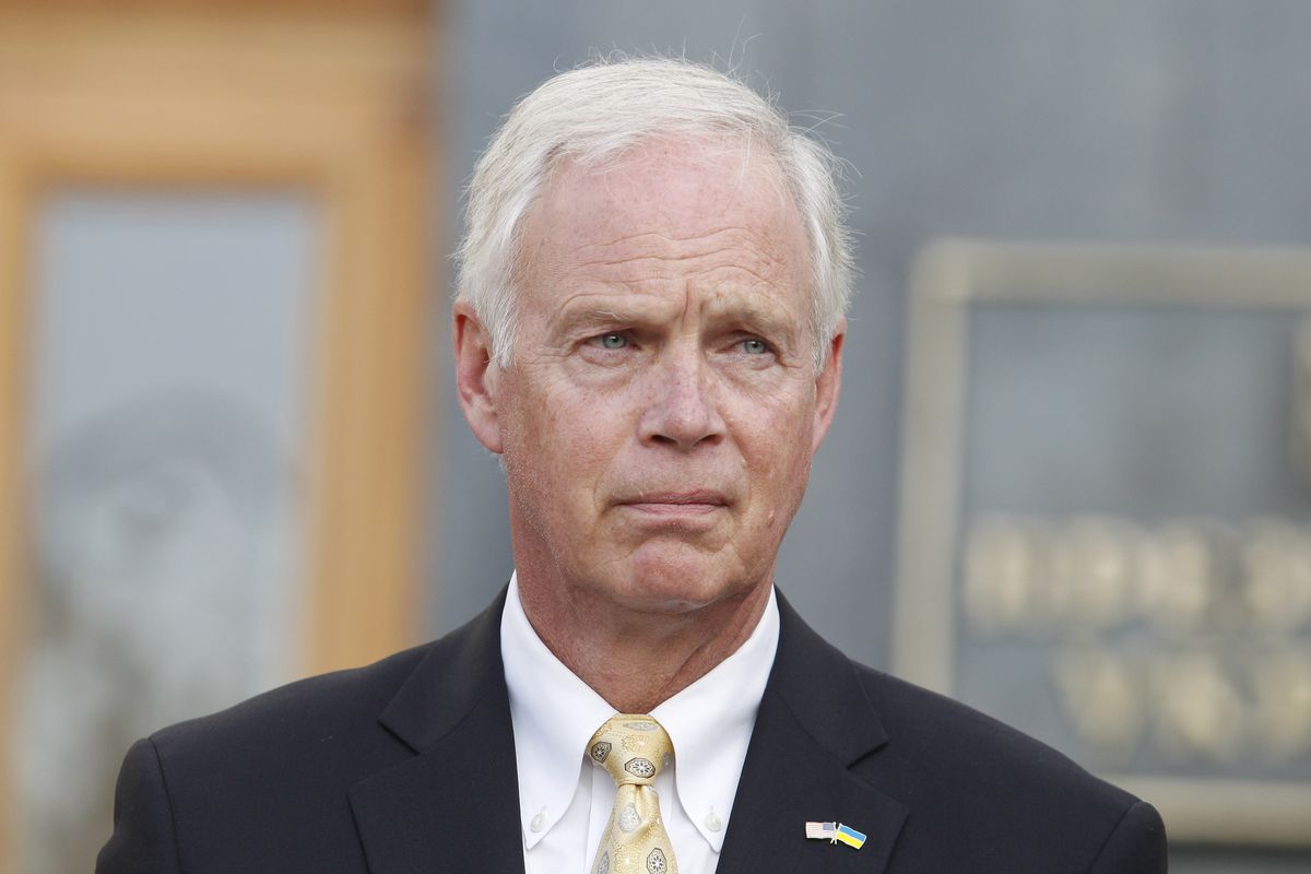 United States Senator Ron Johnson (Republican of Wisconsin) speaks to journalists with joint a press conference with United States Senator Chris Murphy (Democrat of Connecticut) (not seen) after their meeting with Ukrainian President Volodymyr Zelensky, outside the Presidential Office in Kiev, Ukraine, on 5 September, 2019.