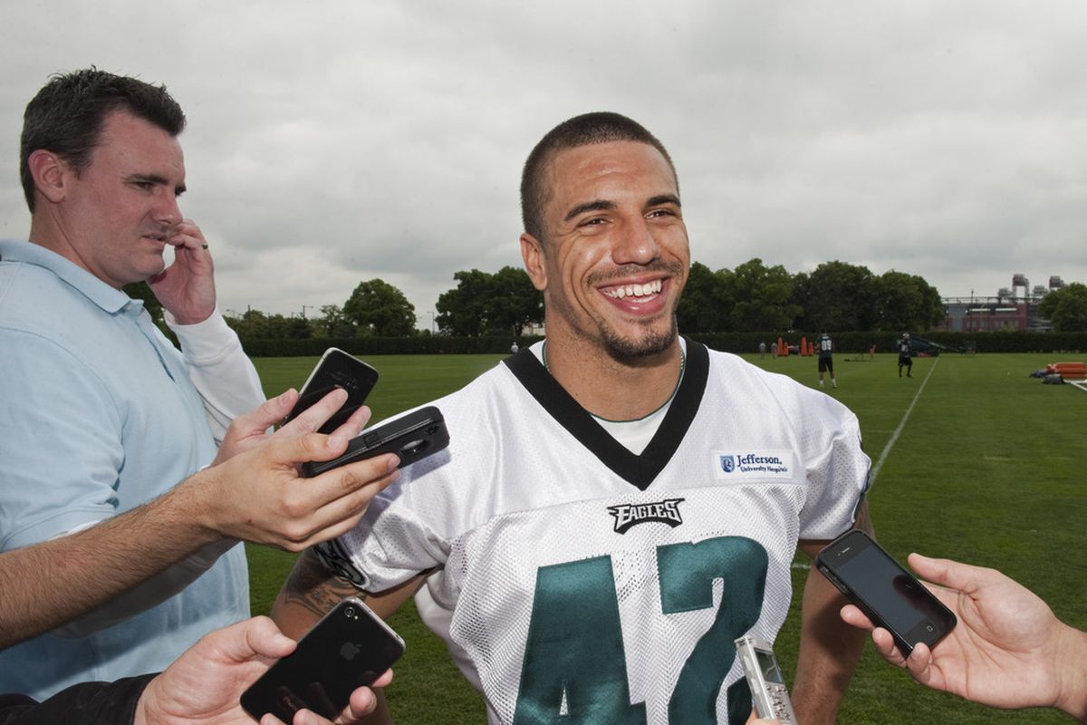 May 22, 2012; Philadelphia, PA, USA; Philadelphia Eagles safety Kurt Coleman (42) is interviewed after practice during organized team activities at the Philadelphia Eagles NovaCare Complex. Mandatory Credit: Howard Smith-US PRESSWIRE