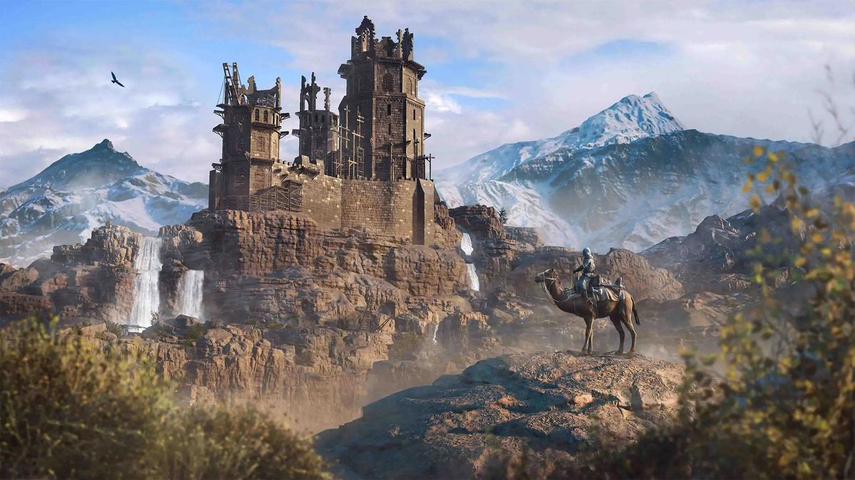 From horseback, Basim looks up at Alamut, the home fortress of the Hidden Ones (Assassins) in Assassin’s Creed Mirage