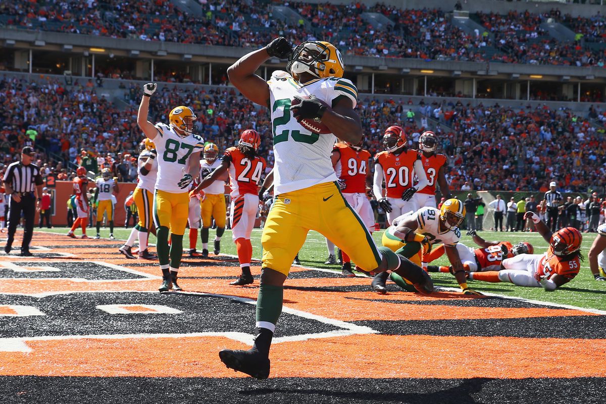 Packers rookie Johnathan Franklin celebrates his first career NFL touchdown