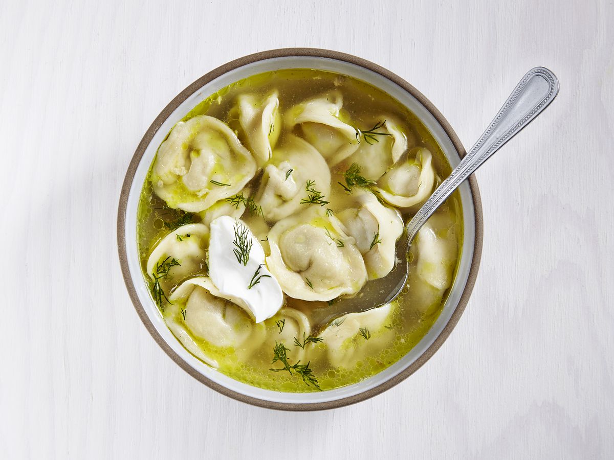 A bowl of pelmeni in broth from Cinderella Russian Bakery in the Richmond