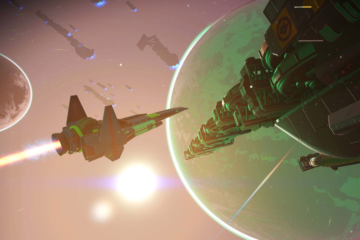A screenshot of a space ship and freighter orbiting a planet in No Man’s Sky
