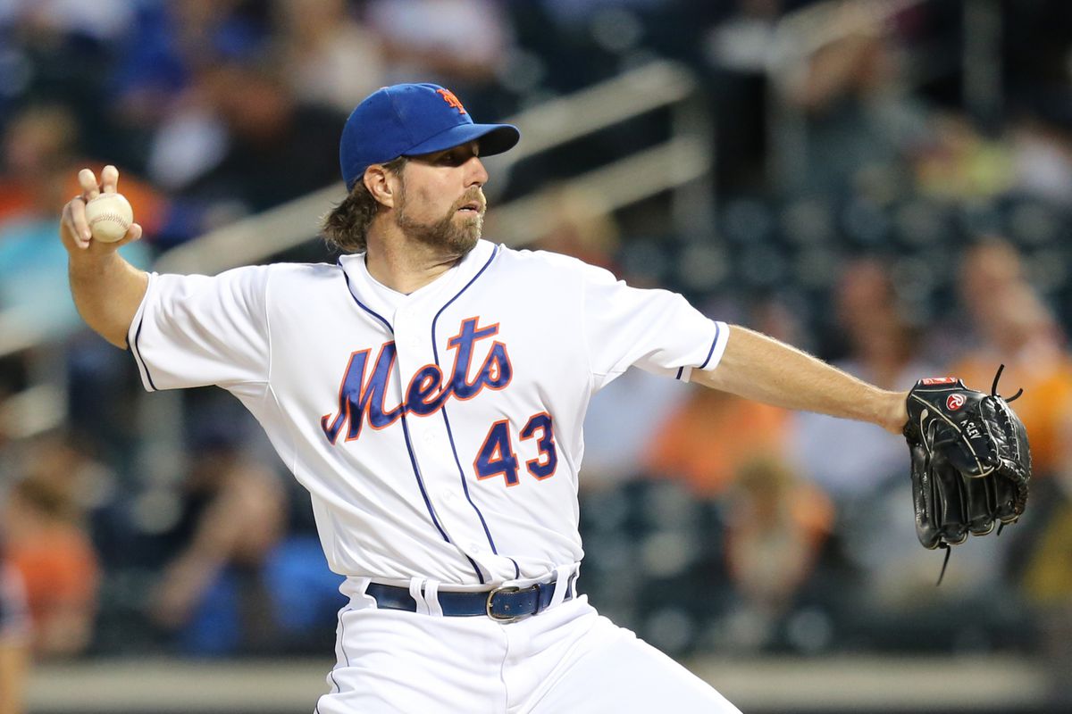 Sep 11, 2012; Flushing, NY,USA;  New York Mets starting pitcher R.A. Dickey (43) pitches during the first inning against the Washington Nationals at Citi Field.    Mandatory Credit: Anthony Gruppuso-US PRESSWIRE