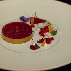 [Foie gras, spiced strawberry gelee, pickled strawberry, ginger from The Elm. By <a href="http://www.flickr.com/photos/scaredykat/9794192846/in/pool-eater/">goodiesfirst</a>.]
