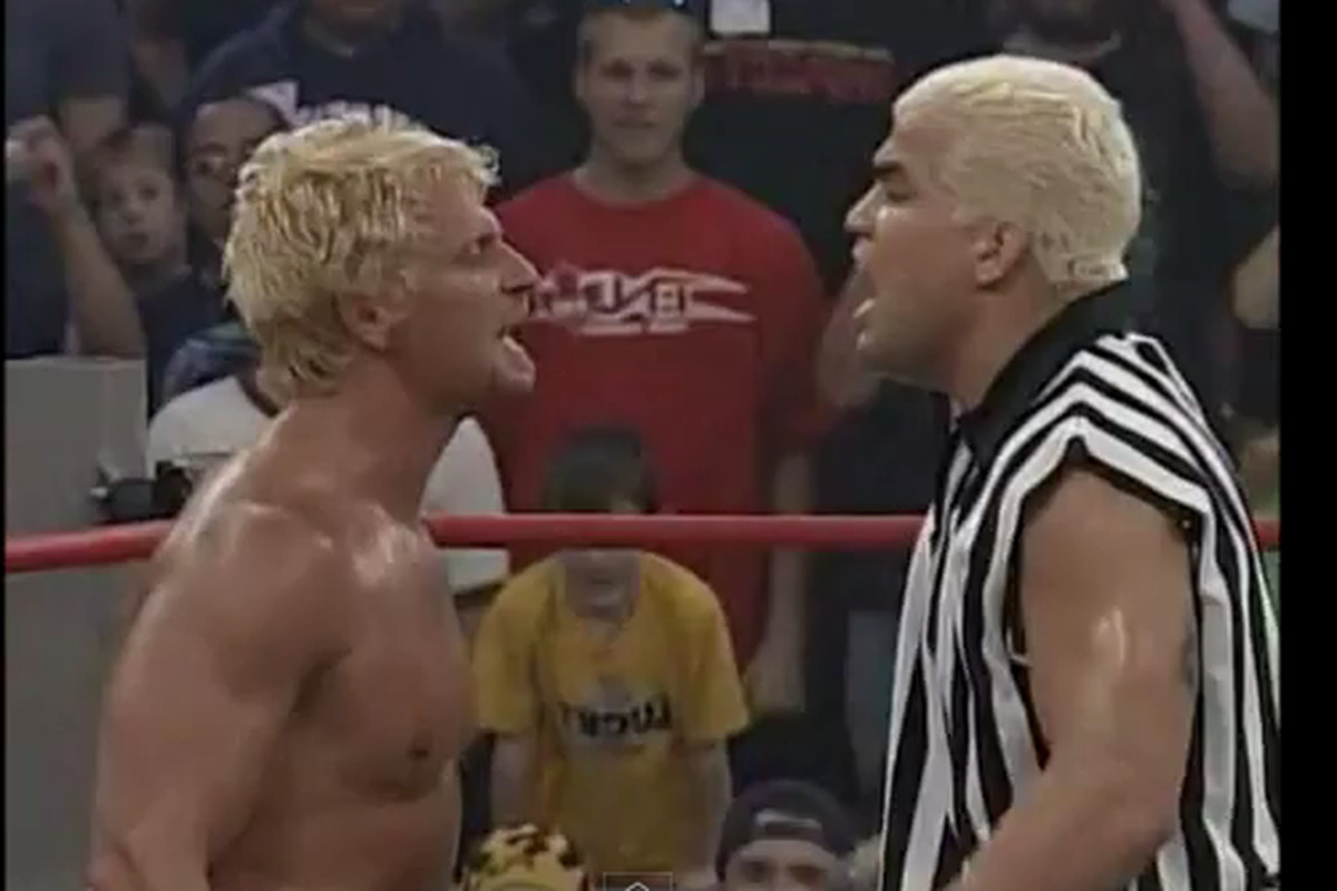 Former UFC Light Heavyweight Champion Tito Ortiz and Jeff Jarrett argue during a 2005 match in TNA Wrestling. 