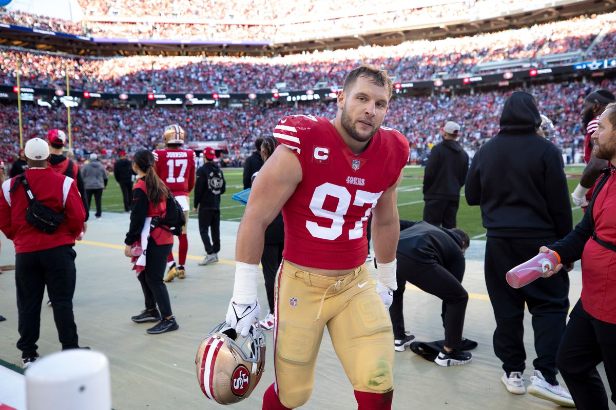 Nick Bosa #97 of the San Francisco 49ers on the sideline during the NFC Divisional playoff game against the Dallas Cowboys at Levi’s Stadium on January 22, 2023 in Santa Clara, California. The 49ers defeated the Cowboys 19-12.  