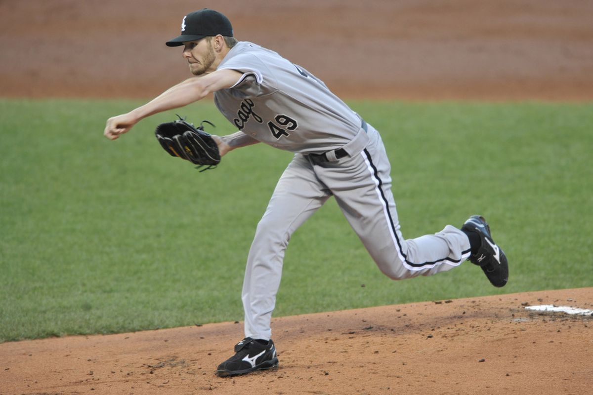 Apr 9, 2012; Cleveland, OH, USA; Chicago White Sox  pitcher Chris Sale (49) follows through in the first inning against the Cleveland Indians at Progressive Field. Mandatory Credit: David Richard-US PRESSWIRE