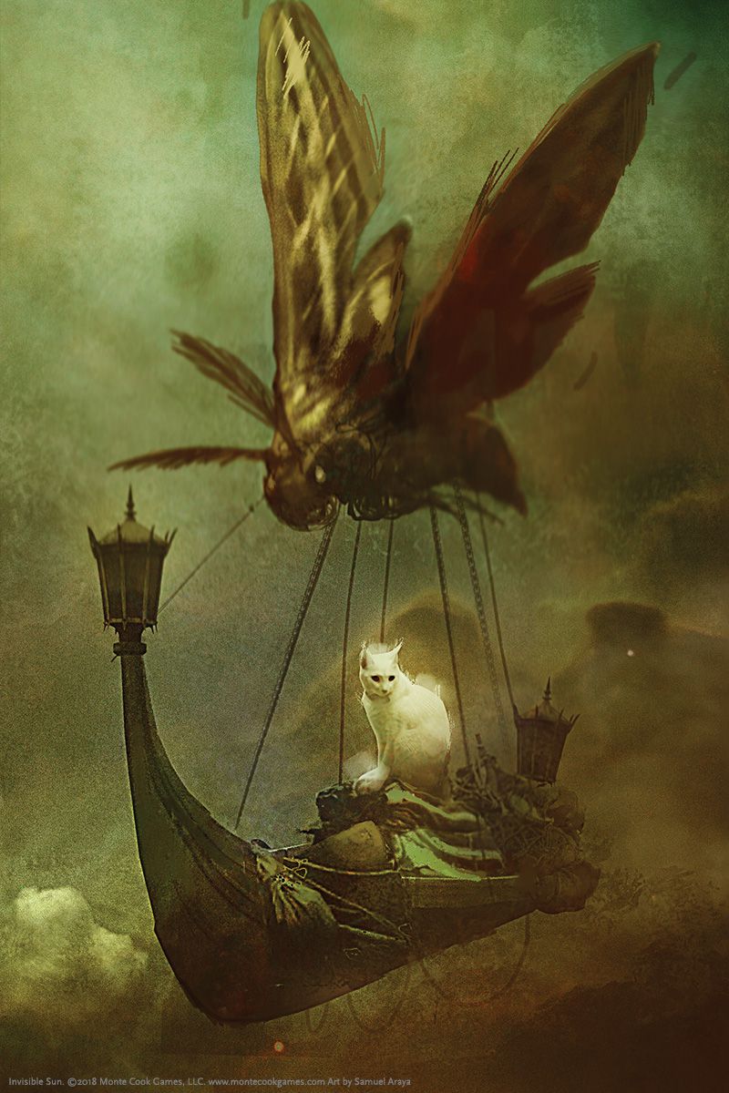 A cat lounges on a longboat hefted aloft by a giant moth