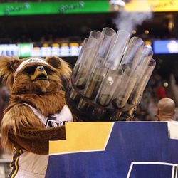Bear shoots T-shirts to the crowd Wednesday, Feb. 4, 2015, during Utah's game with the Memphis Grizzlies. The Grizzlies beat the Jazz, 100-90.