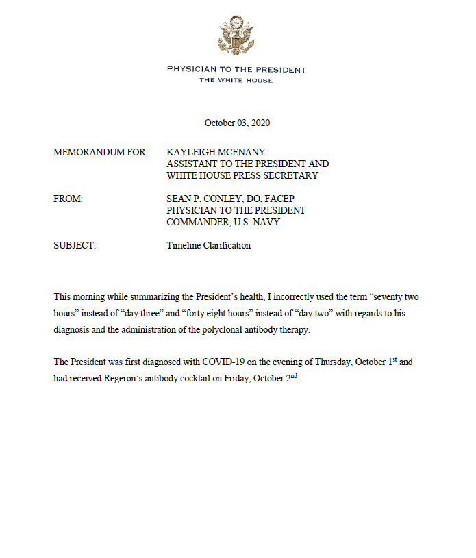 White House physician letter clarifying “72 hours” versus “day three” of the president’s illness.