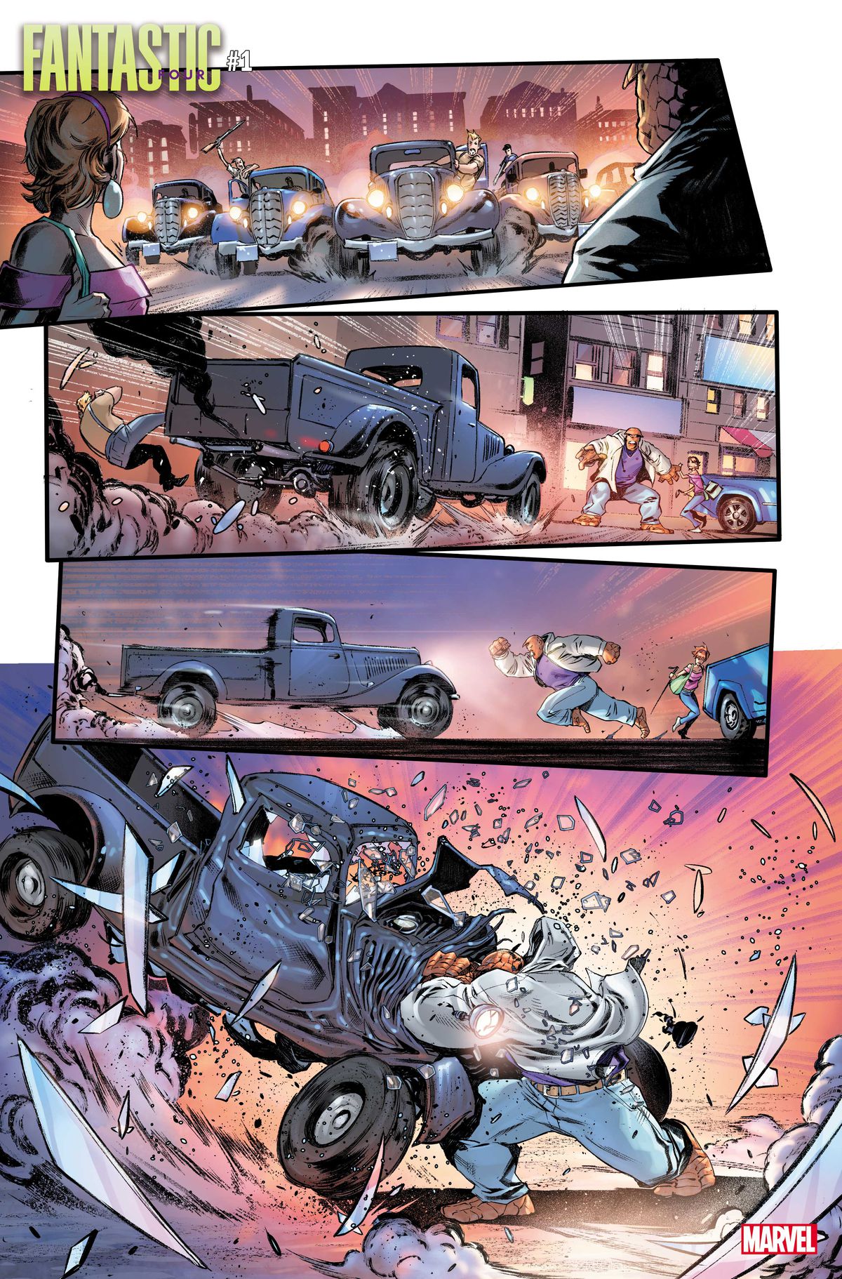 Old timey trucks race at Alicia and Ben Grimm, and Ben charges ahead, bringin one to a halt by slamming his huge rocky body into it in a dynamic crash in Fantastic Four #1 (2022). 