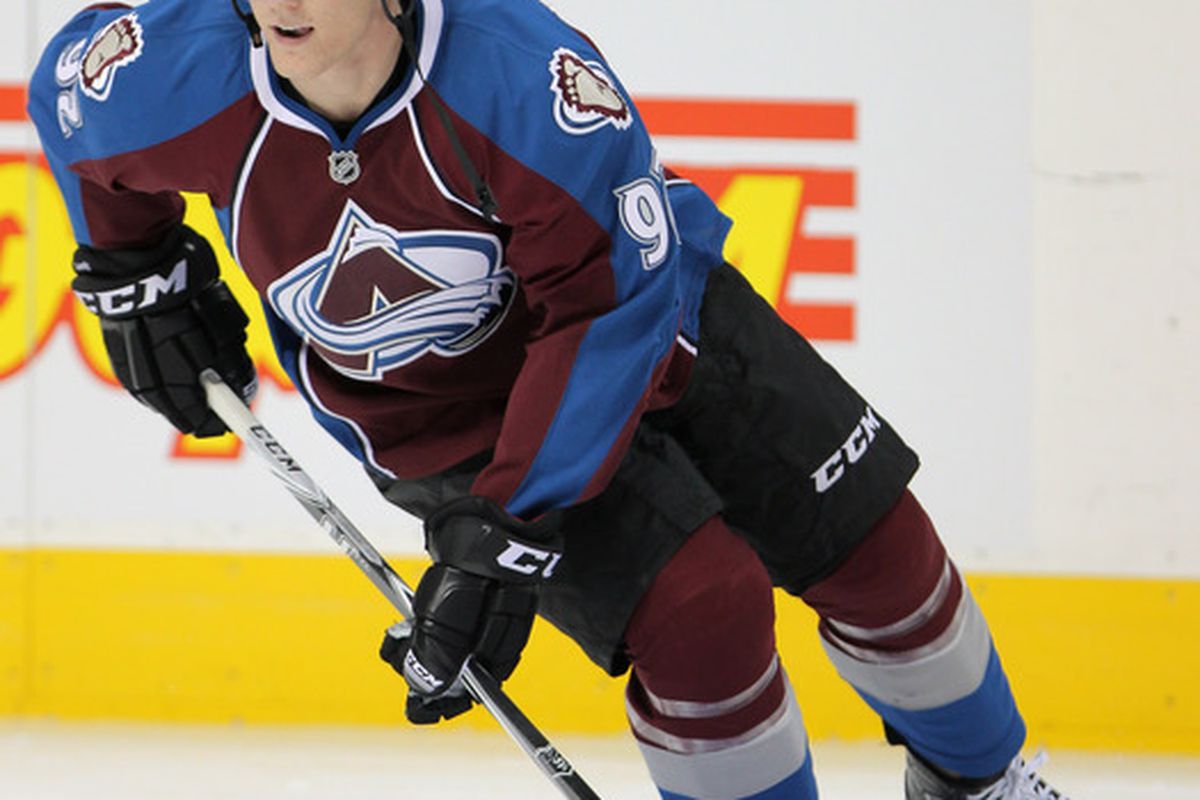 DENVER, CO - NOVEMBER 02:  Gabriel Landeskog #92 of the Colorado Avalanche warms up prior to facing the Phoenix Coyotes at the Pepsi Center on November 2, 2011 in Denver, Colorado.  (Photo by Doug Pensinger/Getty Images)