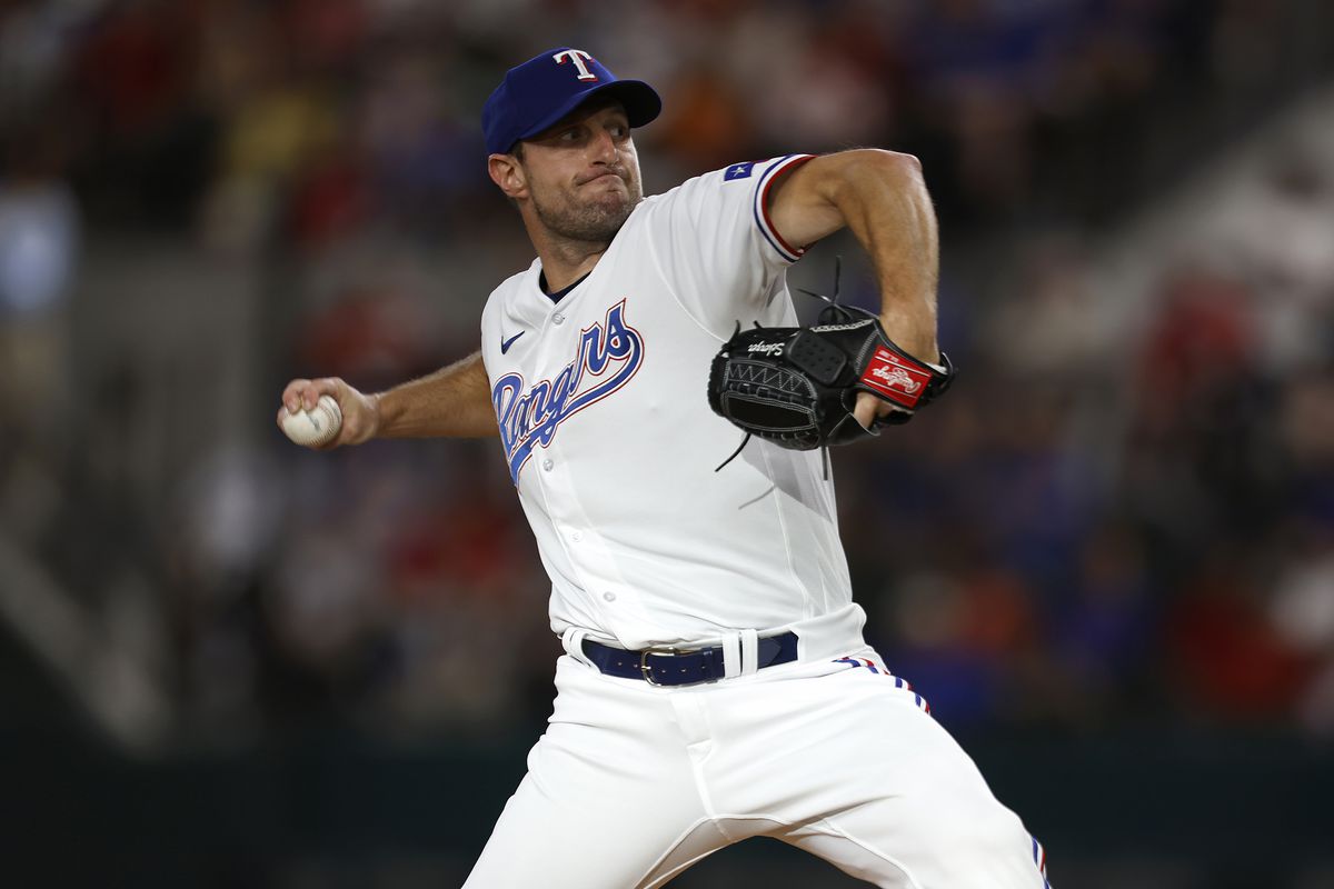 Max Scherzer of the Texas Rangers pitches against the Los Angeles Angels during the first inning at Globe Life Field on August 14, 2023 in Arlington, Texas.