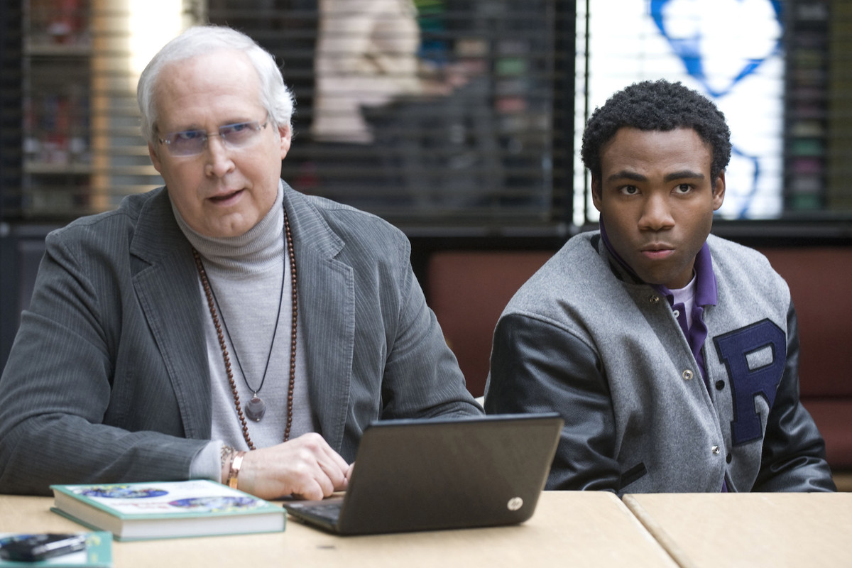 Chevy Chase and Donald Glover as Pierce Hawthorne and Troy Barnes, respectively, in the TV show Community