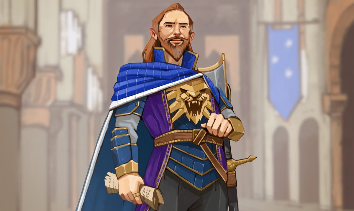 A painted portrait of Lord Neverember, a richly dressed, smiling man in a long blue cape and lion-faced breastplate, from The Dungeon Master’s Guide to Neverwinter [inchoatethoughts.com/dungeon-masters-guide-to-neverwinter]