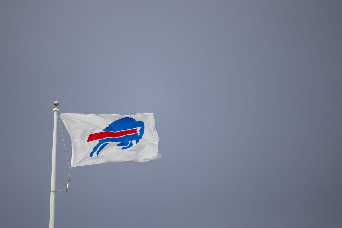 Detail view of a flag with the Buffalo Bills logo blowing in the wind during the game against the Washington Redskins at New Era Field on November 3, 2019 in Orchard Park, New York. Buffalo defeats Washington 24-9.