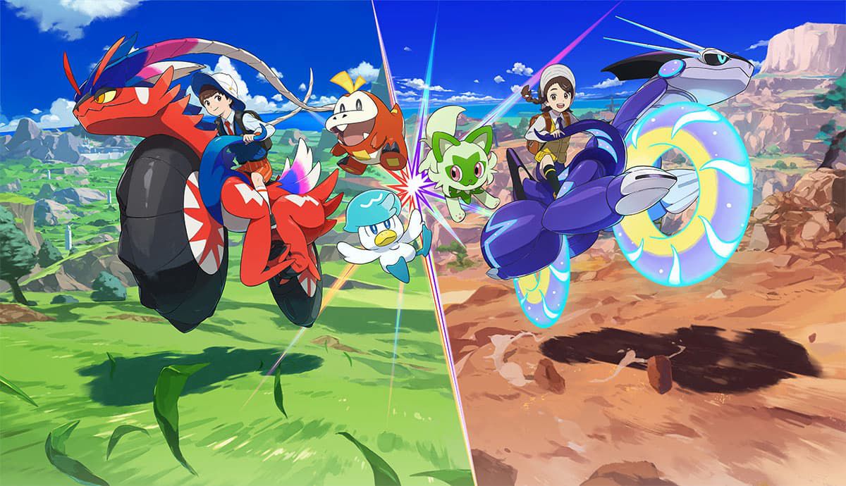 Two Pokémon Trainers ride Koraidon and Miraidon, with Sprigatito, Fuecoco, and Quaxly between them, in Pokémon Scarlet and Violet artwork
