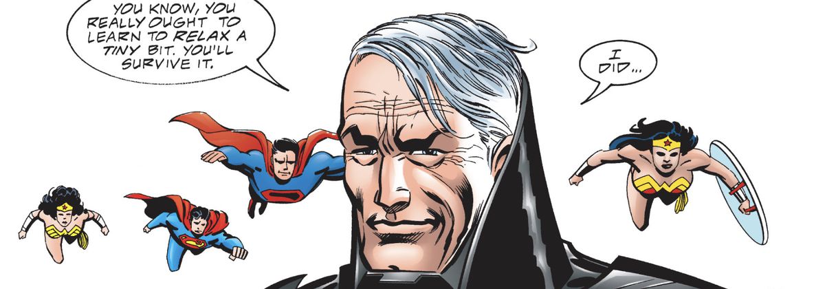 An older Batman smirks at the “camera,” saying “You know, you really ought to learn to relax a tiny bit. You’ll survive it. I did,” in The Kingdom #2 (1999).