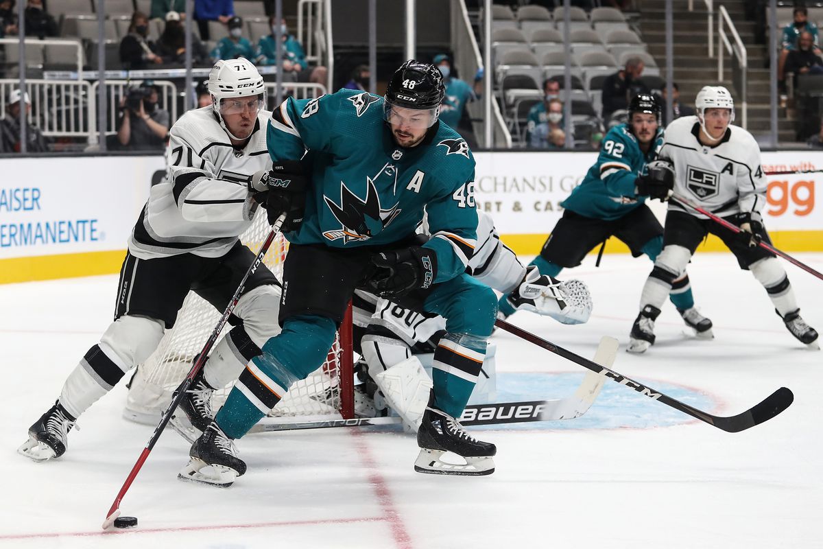 Tomas Hertl #48 of the San Jose Sharks skates with the puck against the Los Angeles Kings at SAP Center on September 28, 2021 in San Jose, California.&nbsp;