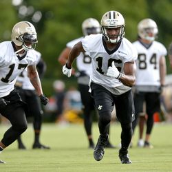 Jun 10, 2014; New Orleans, LA, USA; New Orleans Saints wide receiver Brandon Coleman (16) during minicamp at the New Orleans Saints Training Facility. Mandatory Credit: Derick E. Hingle-USA TODAY Sports