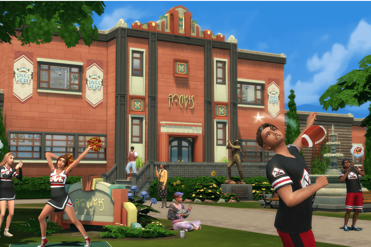 The Sims 4: High School Years - a bunch of teens hang outside their high school, engaging in antics. One Sim in the foreground just took a football to the chin, while cheerleader Sims practice on the other side of the yard.
