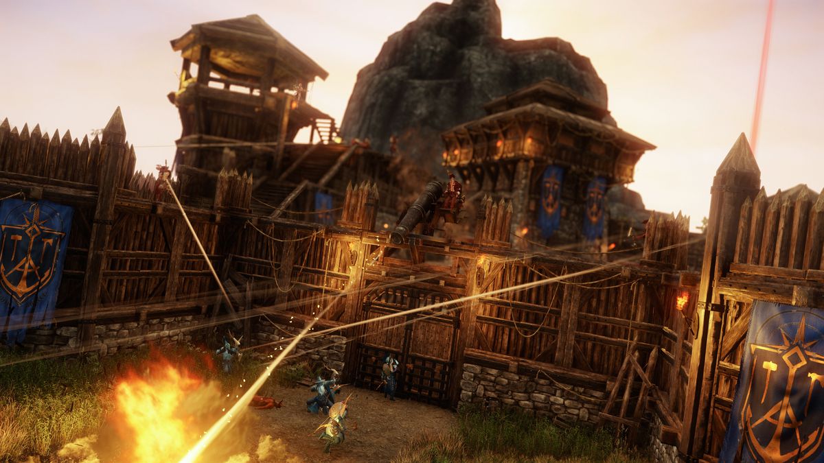 New World - Players attack and defend a fort, using powerful ballistas and magic in the siege