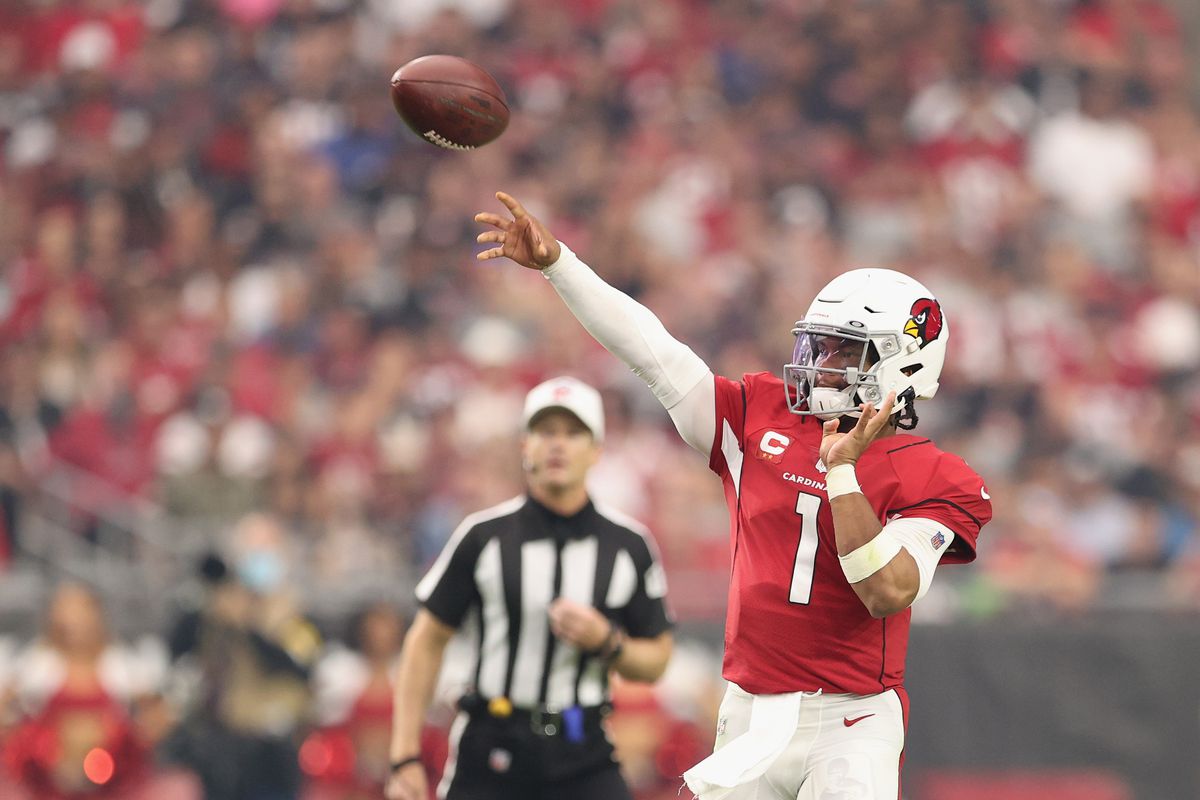 Quarterback Kyler Murray #1 of the Arizona Cardinals throws a pass during the NFL game at State Farm Stadium on October 24, 2021 in Glendale, Arizona. The Cardinals defeated the Texans 31-5.