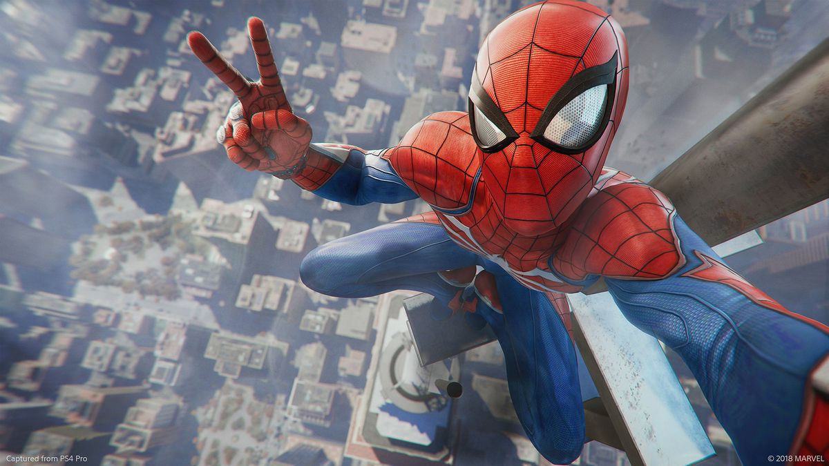 Spider-Man flashing the peace sign in a selfie from the antenna of the Empire State Building in Marvel’s Spider-Man