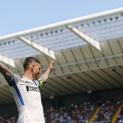 Mauro Icardi of FC Internazionale celebrates after scoring a goal during the serie A match between Udinese Calcio and FC Internazionale at Stadio Friuli on May 6, 2018 in Udine, Italy.