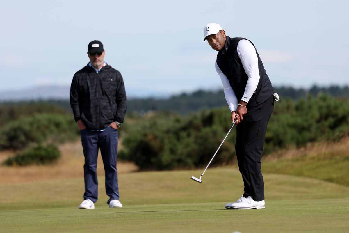 Tiger Woods of The United States putts on the 9th during a practice round prior to The 150th Open at St Andrews Old Course on July 11, 2022 in St Andrews, Scotland.