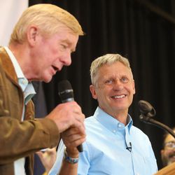 Libertarian presidential candidate Gov. Gary Johnson, right, and running mate Gov. Bill Weld speak in Salt Lake City at the University of Utah on Saturday, Aug. 6, 2016.