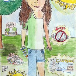 Lauren Yancey, of Matheson Junior High, won a prize for her age group, depicting the "do's and don'ts" of sun safety for the SunWise with SHADE poster contest, sponsored by the U.S. Environmental Protection Agency. Yancey's drawing is one of 27 finalist works of art, selected from 1,500 entries from Utah students, on Friday, April 6, 2012 at the Huntsman Cancer Institute.