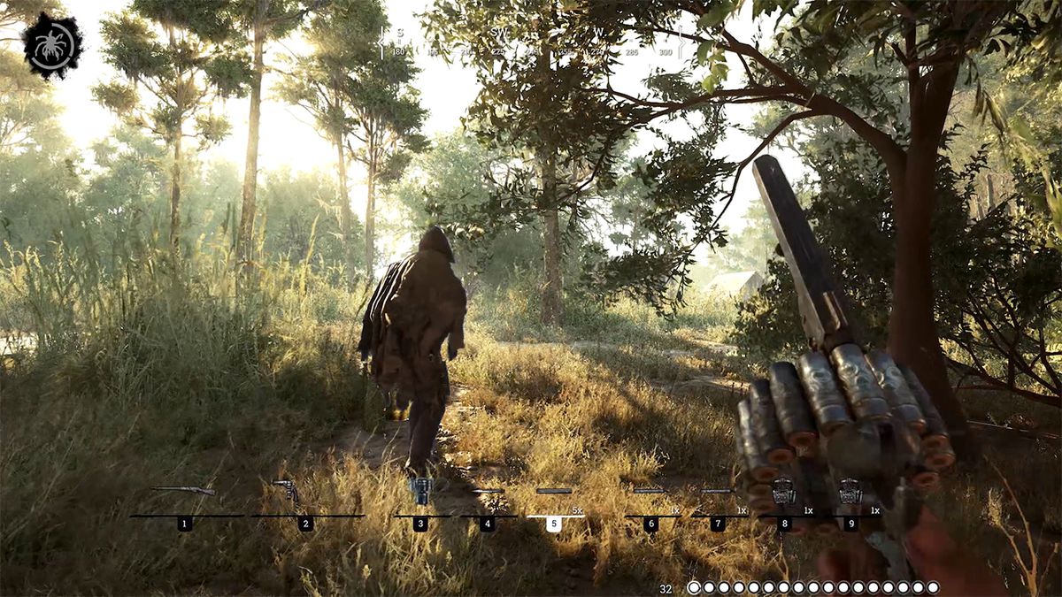 A team of players stalk a monster through a forest, sticking to the shadows. One is armed with an exotic, 20-round revolver.
