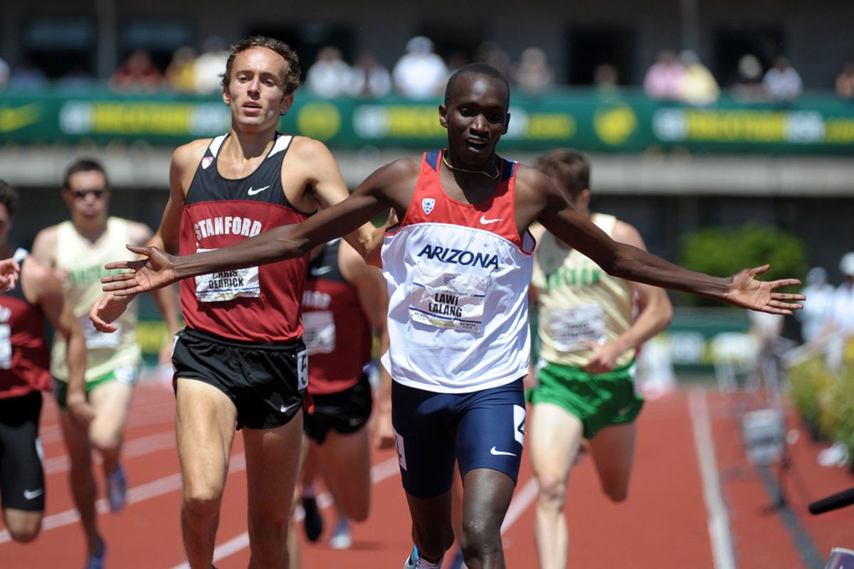 May 13 2012; Eugene, OR, USA; Lawi Lalang of Arizona reacts after defeating Chris Derrick of Stanford to win the 1,500m, 3:47.33 to 3:47.66, in the 2012 Pac-12 Championships at Hayward Field. Mandatory Credit: Kirby Lee/Image of Sport-US PRESSWIRE