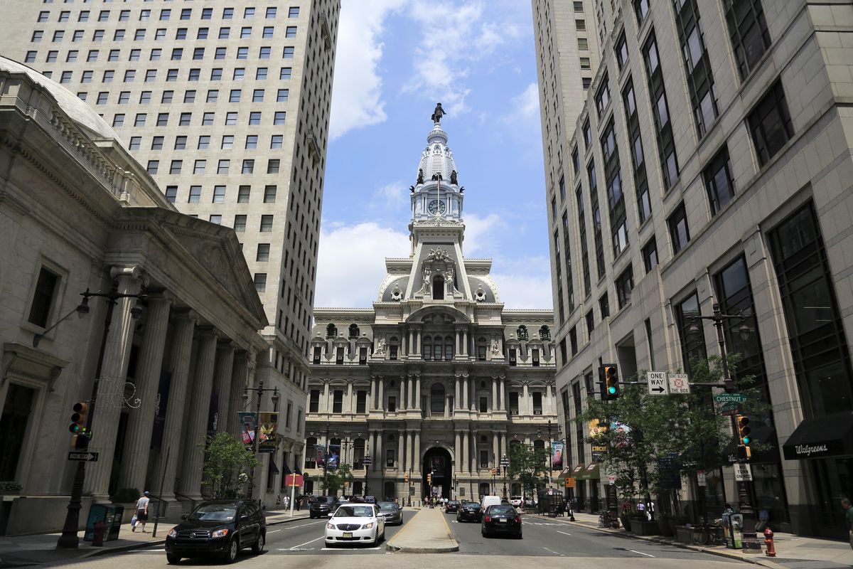 A view of the Philadelphia City Hall from Market Street in downtown Philadelphia.
