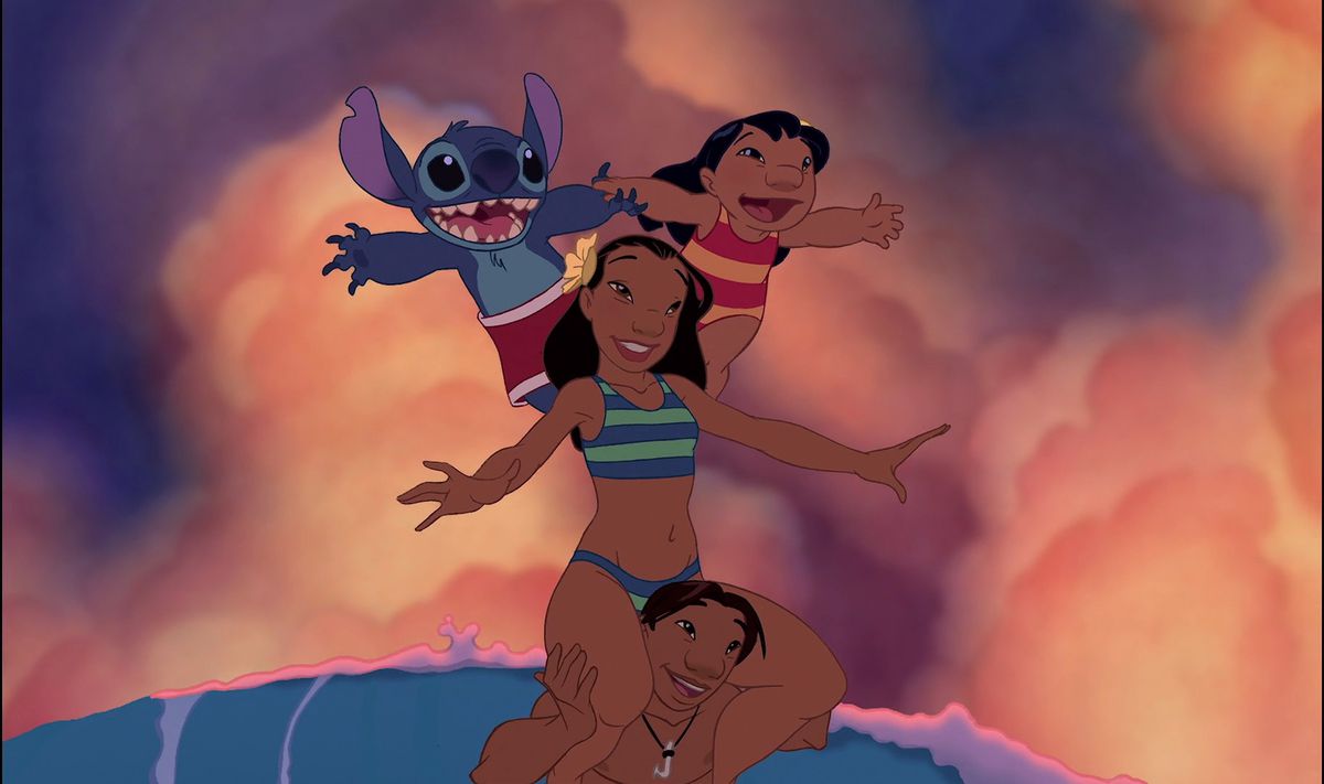 Lilo and Stitch are balanced on Nanny's shoulders, while Nanny is balanced on David's shoulder while surfing.