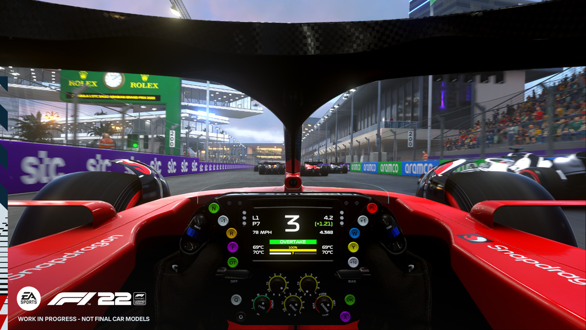 interior view of charles leclerc’s ferrari, mid-race, in f1 22. He is in third gear.