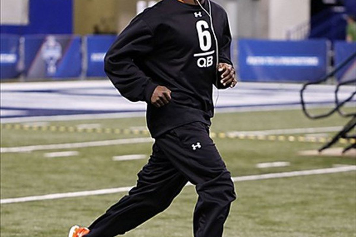 Feb 26, 2012; Indianapolis, IN, USA; Baylor Bears quarterback Robert Griffin III warms up before running his 40 yard dash during the NFL Combine at Lucas Oil Stadium. Mandatory Credit: Brian Spurlock-US PRESSWIRE