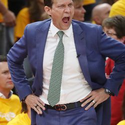Utah Jazz head coach Quin Snyder yells at the ref and is called for a technical during the NBA playoffs in Salt Lake City on Saturday, April 20, 2019.