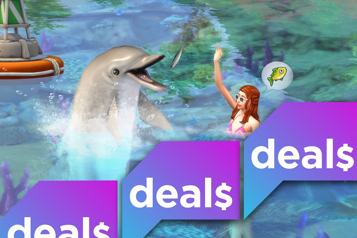 A screenshot of a dolphin and a Sim overlaid with the Polygon Deals logo